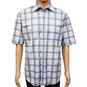 Bugatchi Shirt Short Sleeve Men L Blue Multicolor Plaid & Floral Button Up